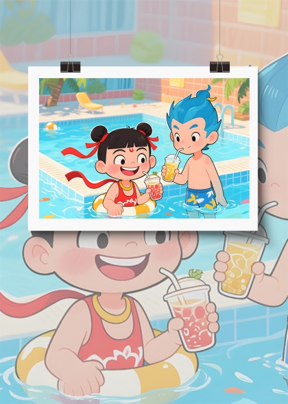 哪吒敖丙夏日泳池派对欢乐时光卡通插画背景