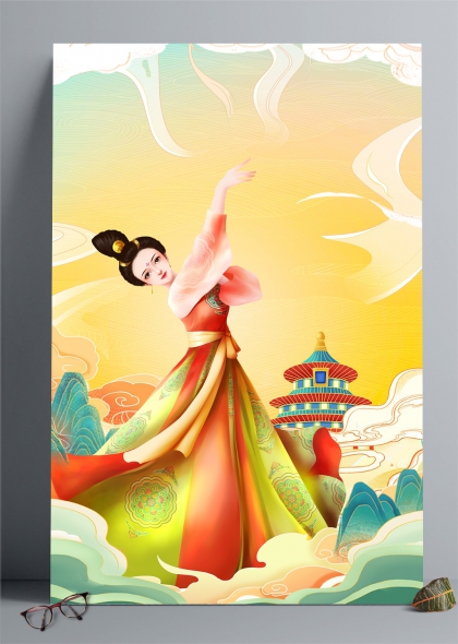 云端起舞的汉服美女传统节日插画背景