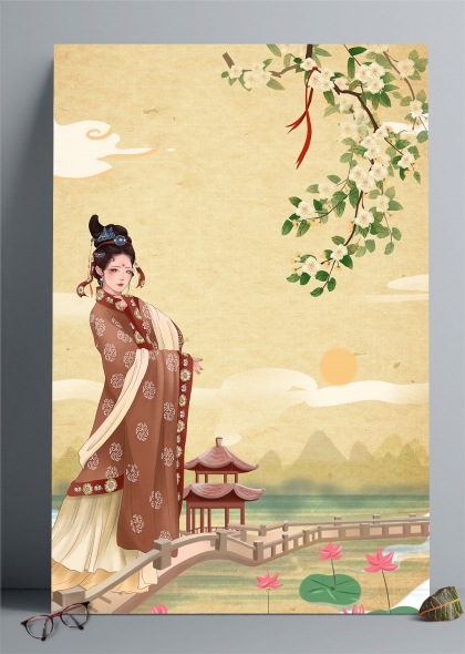 中国风汉服美人桥边赏花江南水乡插画背景