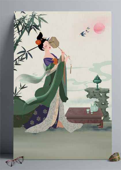 竹林品茶国风汉服美女插画背景