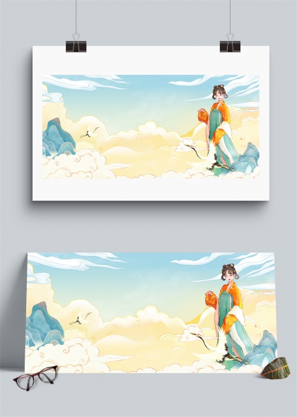 云端汉服美女与仙鹤梦幻国潮风插画背景