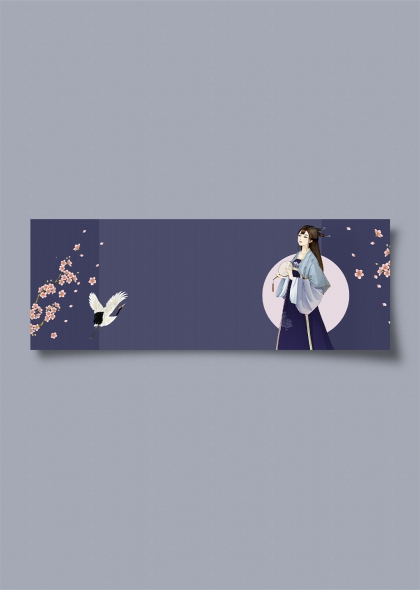 月下汉服少女樱花鹤影梦幻插画banner背景