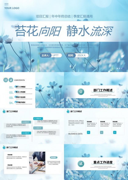 苔花向阳静水流深项目汇报年中年终总结季度通用PPT模板