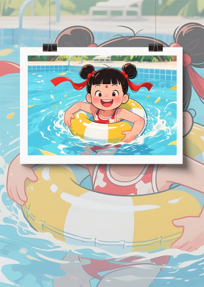 夏日泳池中哪吒欢乐玩水儿童插画背景