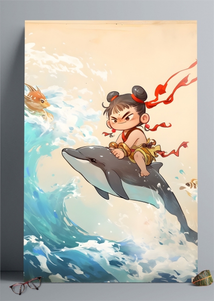 哪吒骑海豚海洋冒险儿童插画背景