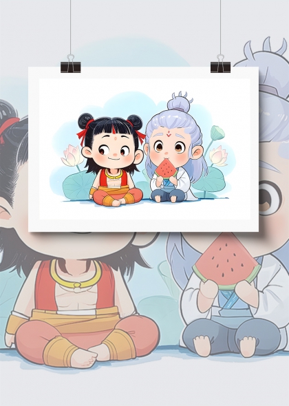哪吒敖丙西瓜甜心夏日童趣插画背景