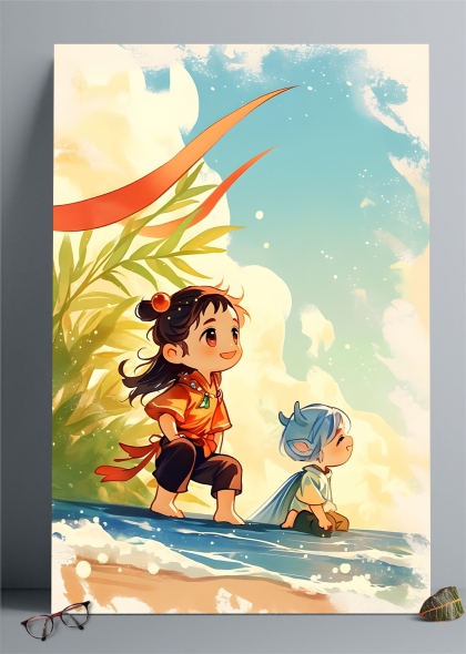 哪吒敖丙海边嬉戏夏日插画背景