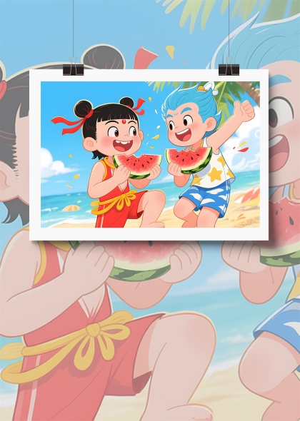 哪吒敖丙夏日海滩欢乐时光西瓜派对插画背景