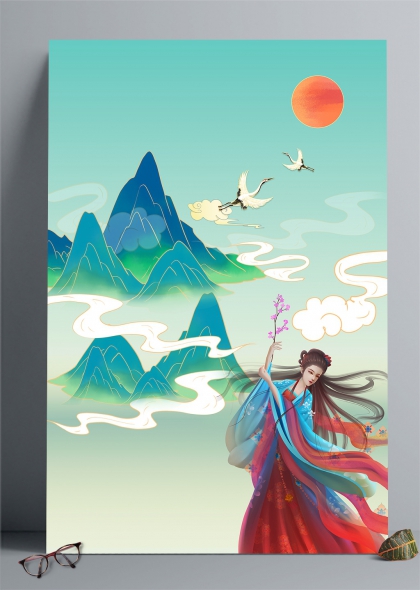 仙鹤飞舞汉服美女国潮风山水插画背景