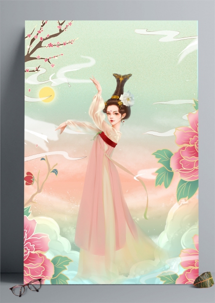 汉服美女翩翩起舞花间月色梦幻插画背景