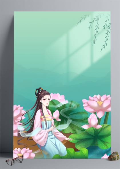 古風漢服少女荷塘邊賞花插畫背景