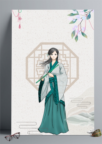 古風漢服女子手持笛子古典雅致插畫背景
