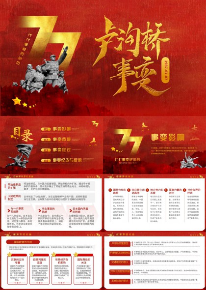七七事变纪念日红色主题历史教育PPT模板