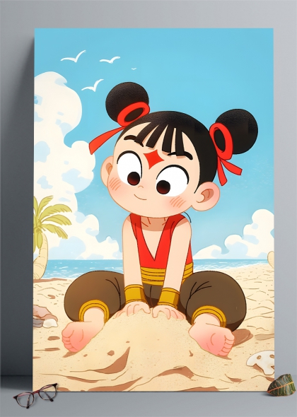海边玩耍的哪吒夏日海滩插画背景