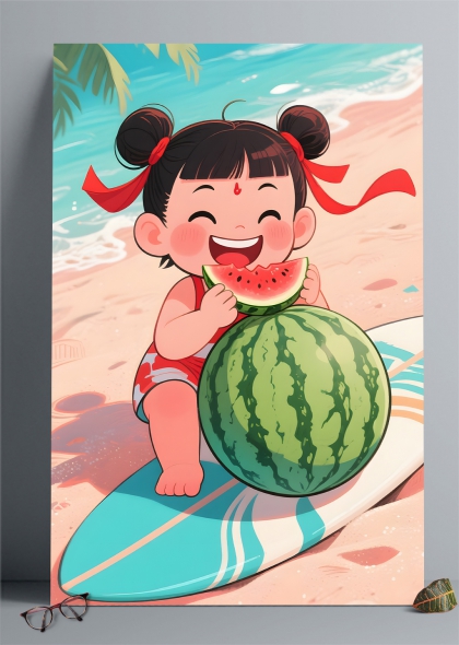 海边吃西瓜的哪吒夏日海滩插画背景