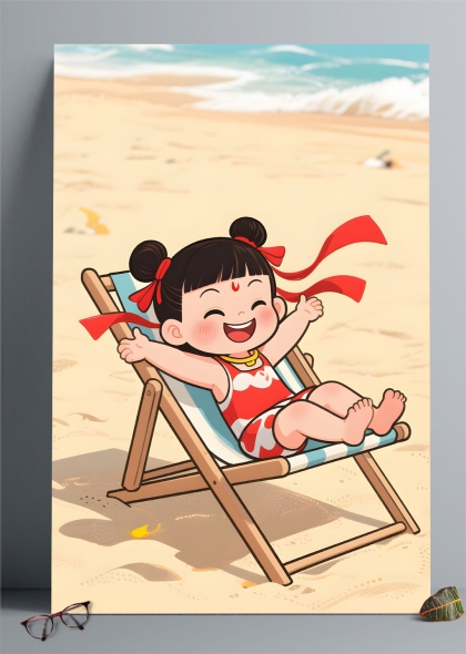 沙滩上欢笑的哪吒夏日度假插画背景