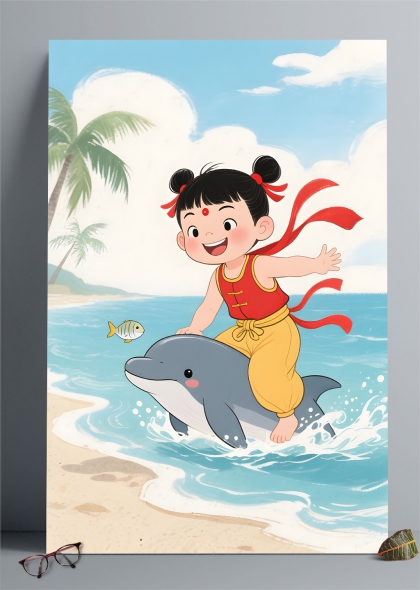 海边骑海豚的哪吒夏日欢乐插画背景