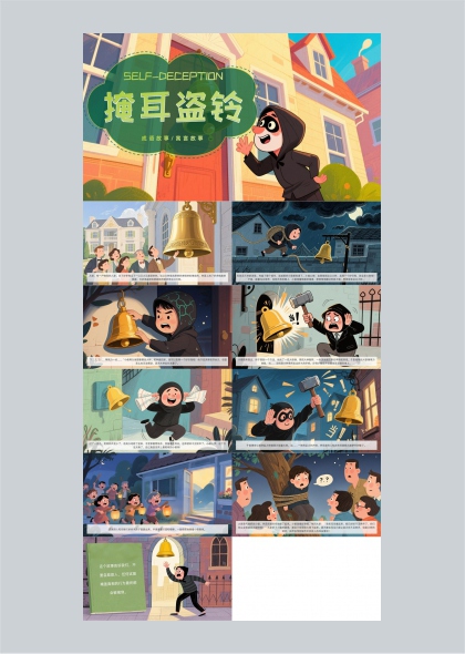 掩耳盗铃成语故事寓言故事插画PPT模板