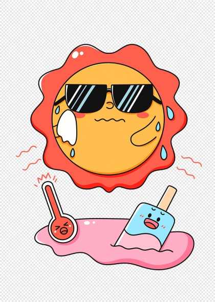 卡通太阳戴墨镜冰棒融化夏季高温插画元素