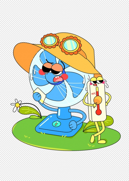 卡通电风扇与温度计夏季防暑降温插画