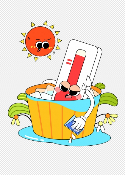 卡通温度计与太阳夏季防暑降温插画元素