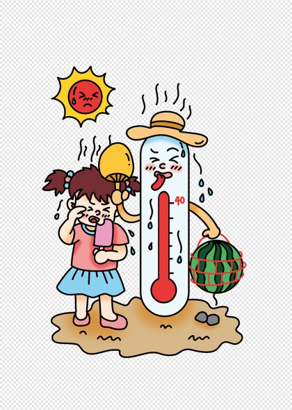 高温天气儿童吃冰棍西瓜解暑卡通插画