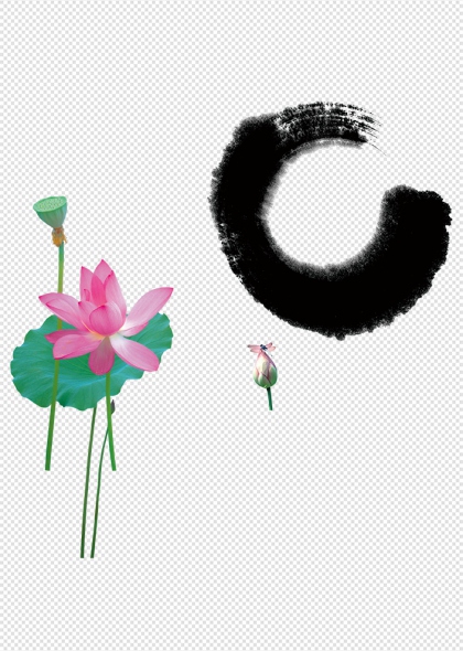 莲花荷叶水墨笔触中国风免抠插画元素