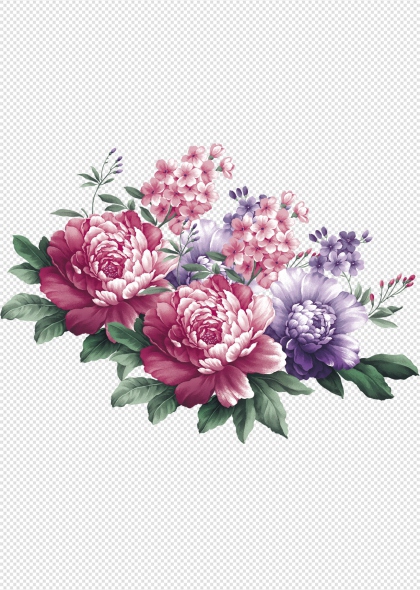 牡丹花束与绿叶花卉装饰插画免抠设计元素