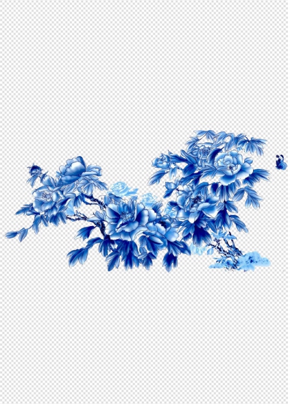 蓝色牡丹花丛植物花卉装饰图案免抠设计元素