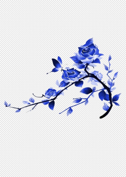 蓝色玫瑰花枝艺术插画花卉装饰图案免抠设计元素