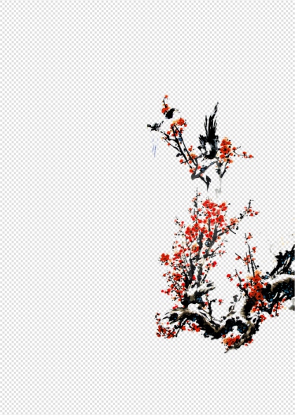 梅花树枝红色花朵冬季花卉免抠插画元素