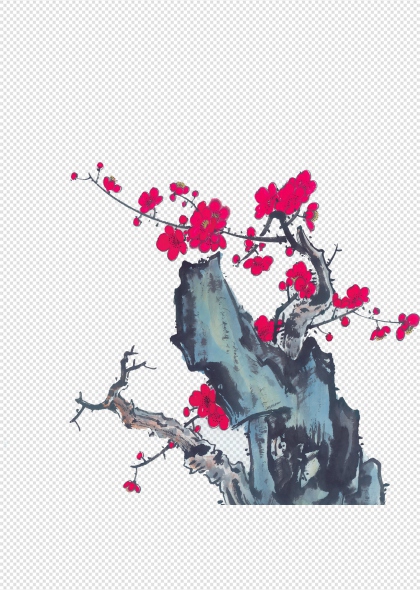 梅花枝干与红花中国传统文化免抠插画