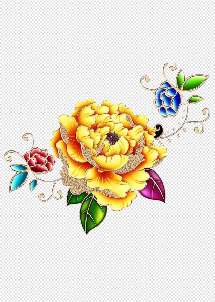 金色牡丹花与绿叶装饰花卉插画免抠设计元素