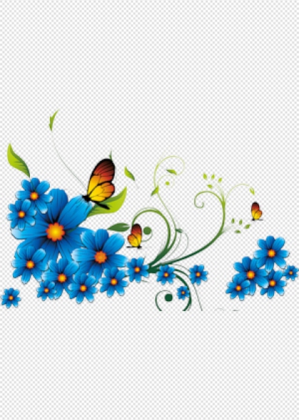 蓝色花朵蝴蝶藤蔓植物插画自然生态装饰图案