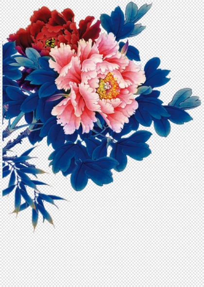 牡丹花与蓝色叶子中国风国画免抠装饰图案