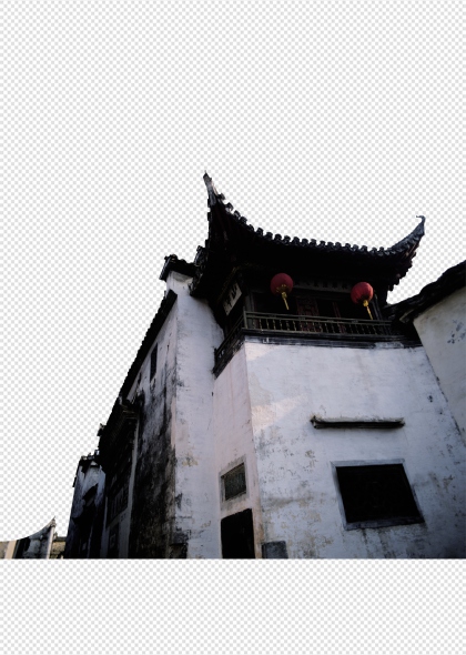 古建筑飞檐翘角红灯笼传统民居免抠图片