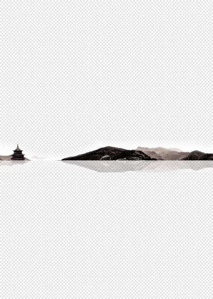 山水画风古典建筑与自然景观免抠插画元素