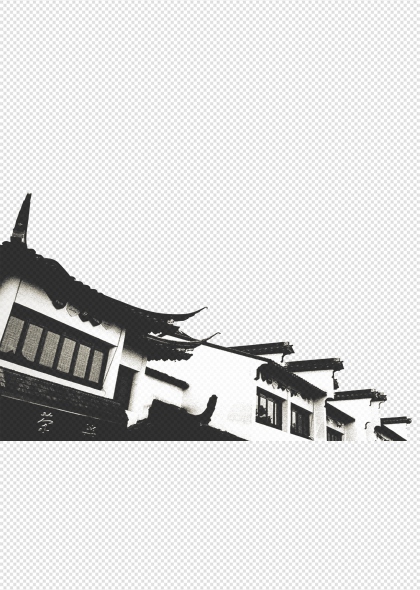 江南水乡建筑黑白影像免抠图