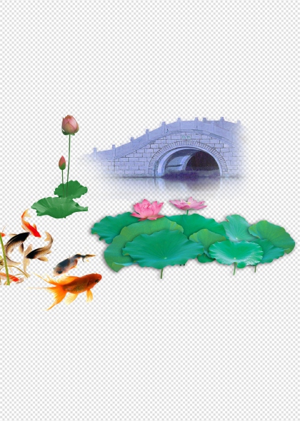 荷塘拱桥金鱼荷花莲叶自然景观免抠插画