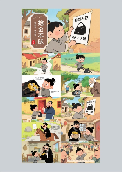拾金不昧成语故事插画风格教育课件PPT模板