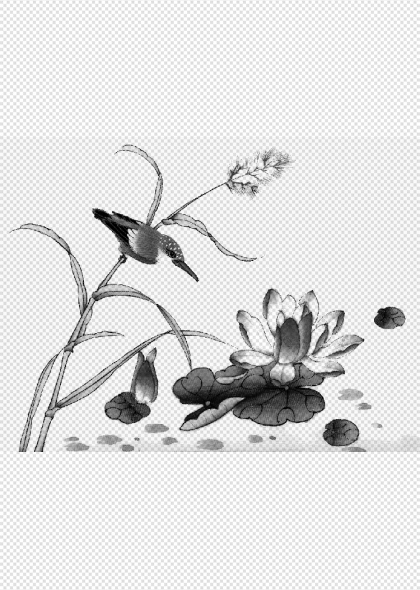 翠鸟芦苇荷花水墨风免抠插画元素
