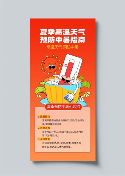 夏季高温预防中暑指南卡通插画海报