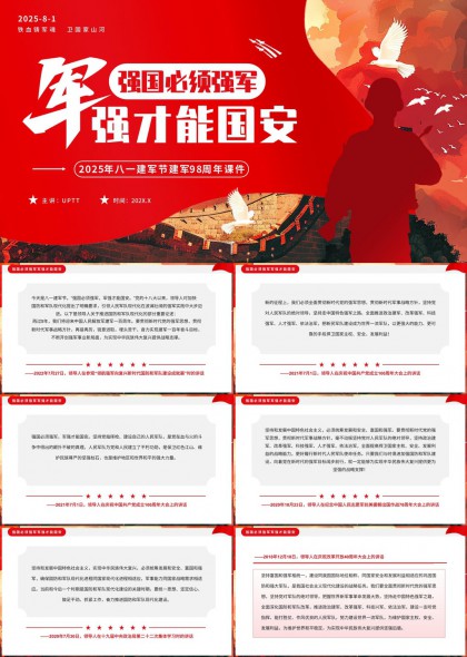 强国必须强军红色主题八一建军节98周年纪念PP