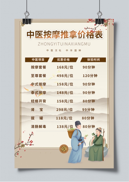 中医按摩推拿价格表宣传海报