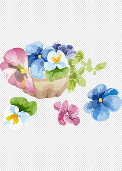 蓝色粉色花朵手绘花盆免抠图片元素装饰
