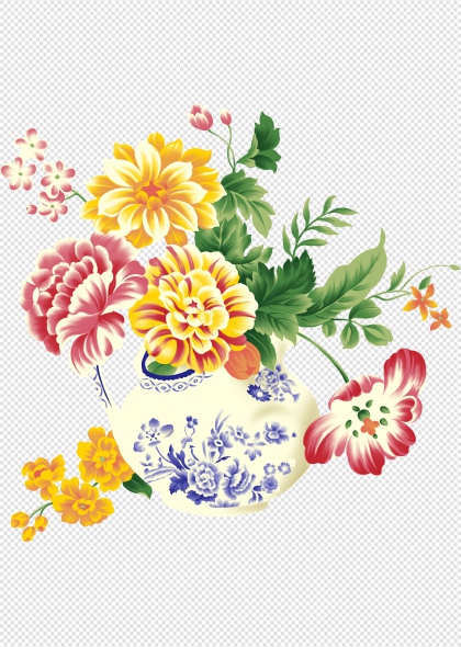 青花瓷瓶插满粉色黄色花朵PNG免抠装饰元素