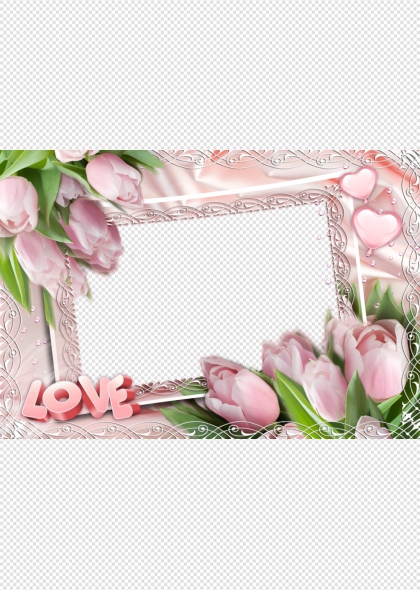 浪漫婚礼粉色玫瑰花边免抠透明底画框装饰相框