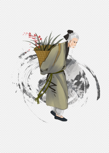 中医养生老者背花篮采药人物插画