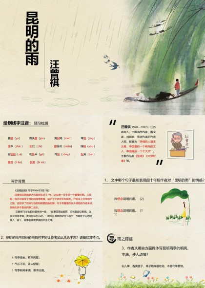 昆明的雨汪曾祺文学赏析PPT模板