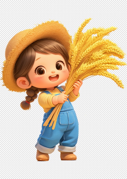 可爱小女孩手拿麦穗卡通插画秋季免抠PNG元素